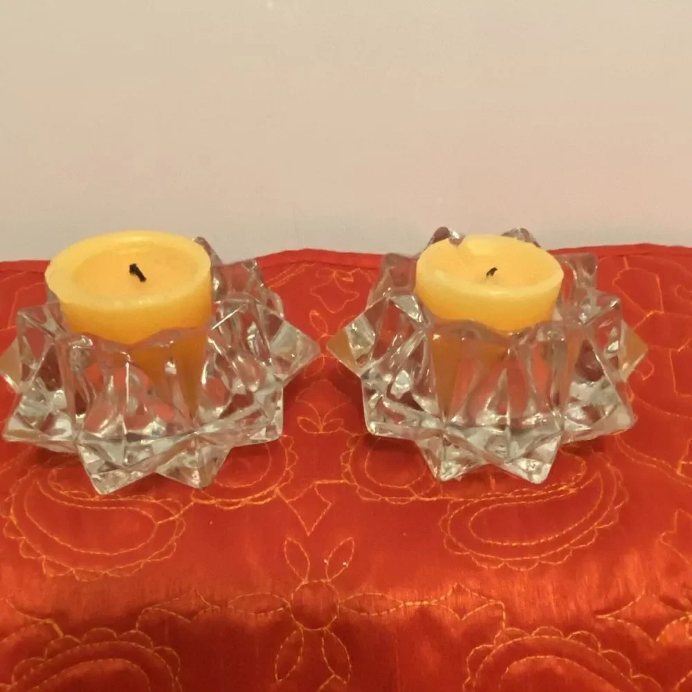 Glamorous Pair‎ Lead Crystal Starburst Votive Candle Holders Glass Clear Modern